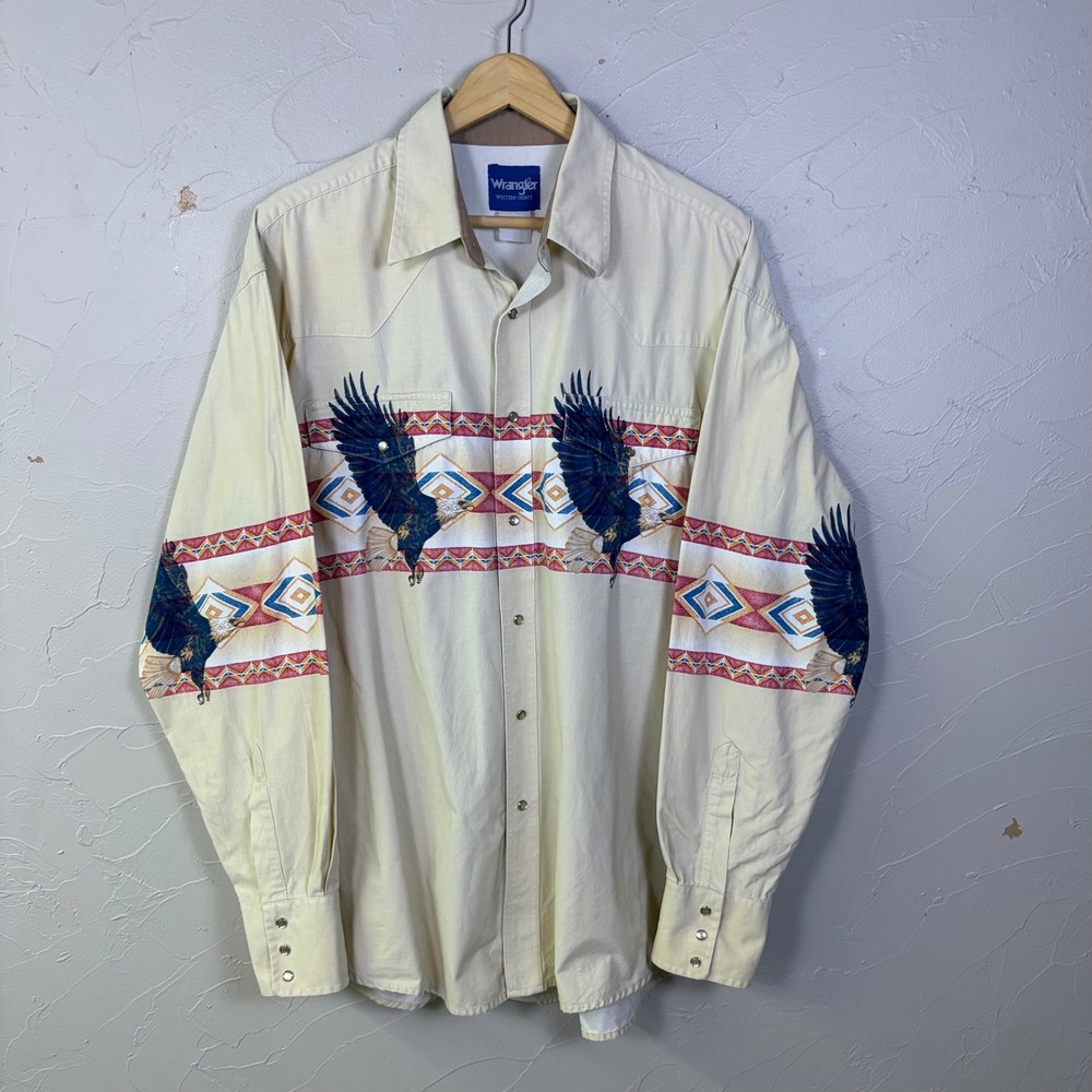 Vintage Wrangler Western Shirt Mens Large Eagle Graphic Aztec Pearl Snap Tan 90s